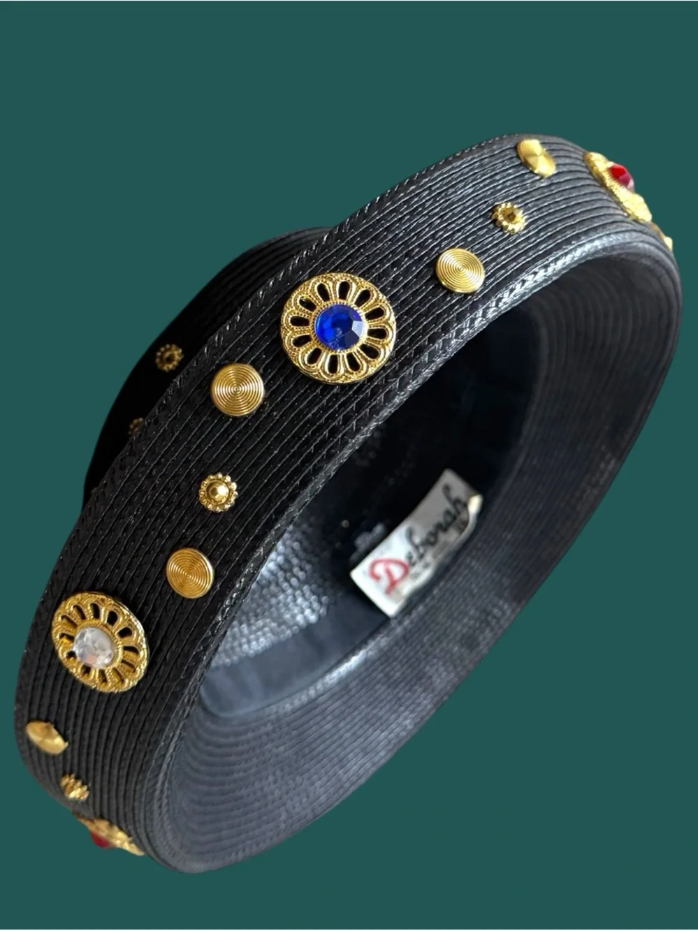 Vintage black Embellished Straw Wide-Brim Hat with Gold Accents